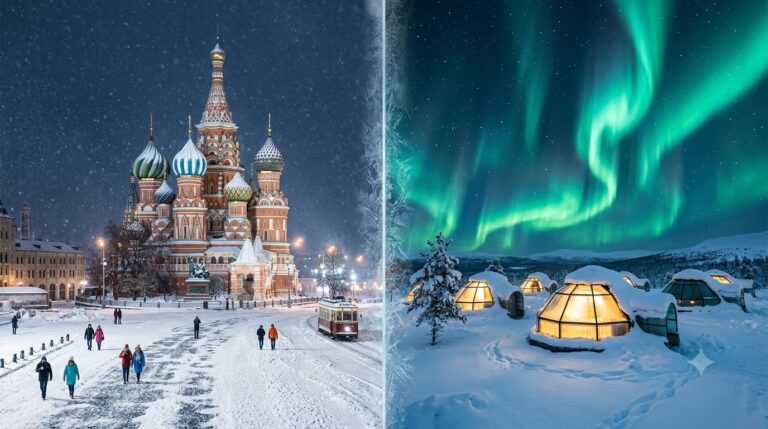 Northern Lights Tour over Murmansk Arctic cabins and snow-covered Moscow Red Square - Al Safeer Tourism.