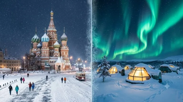 Northern Lights Tour over Murmansk Arctic cabins and snow-covered Moscow Red Square - Al Safeer Tourism.